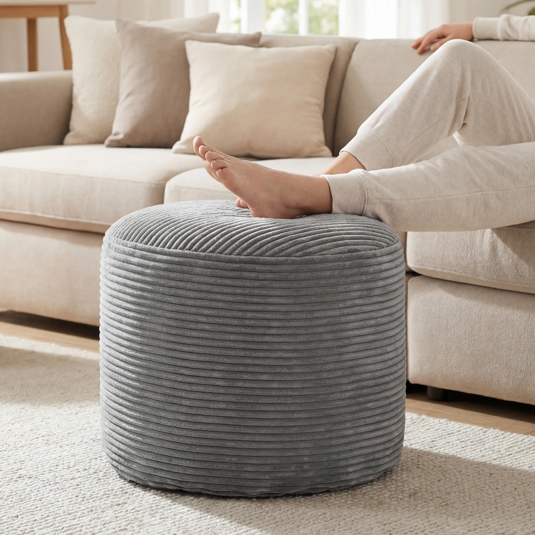 Round Ottoman Footstool Gray Corduroy Fabric Padded Stool Sofa Footrest with Removable Zipper Cover Anti Slip Bottom Built in Carry Handle Machine Washable Cover for Living Room Bedroom Small Apartment Home Office Nordic Style Furniture Home Decor