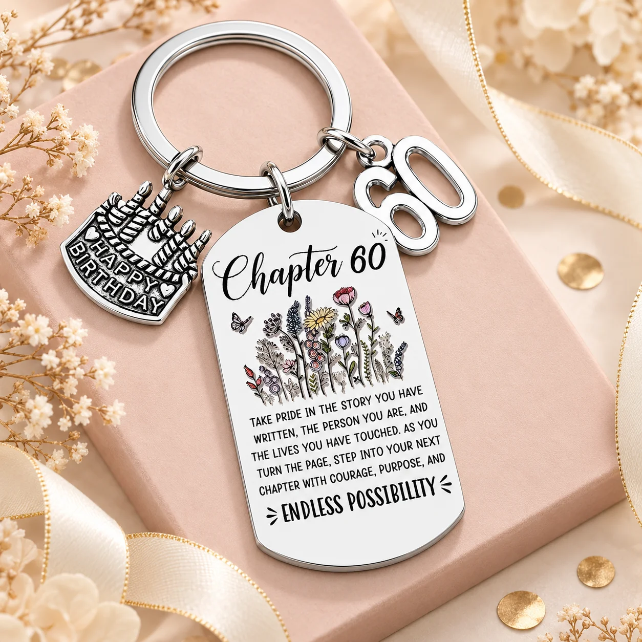 60th Birthday Keychain & Bag Charm for Women, Chapter 60 Gift with Floral Design, Cake Charm and Inspirational English Message