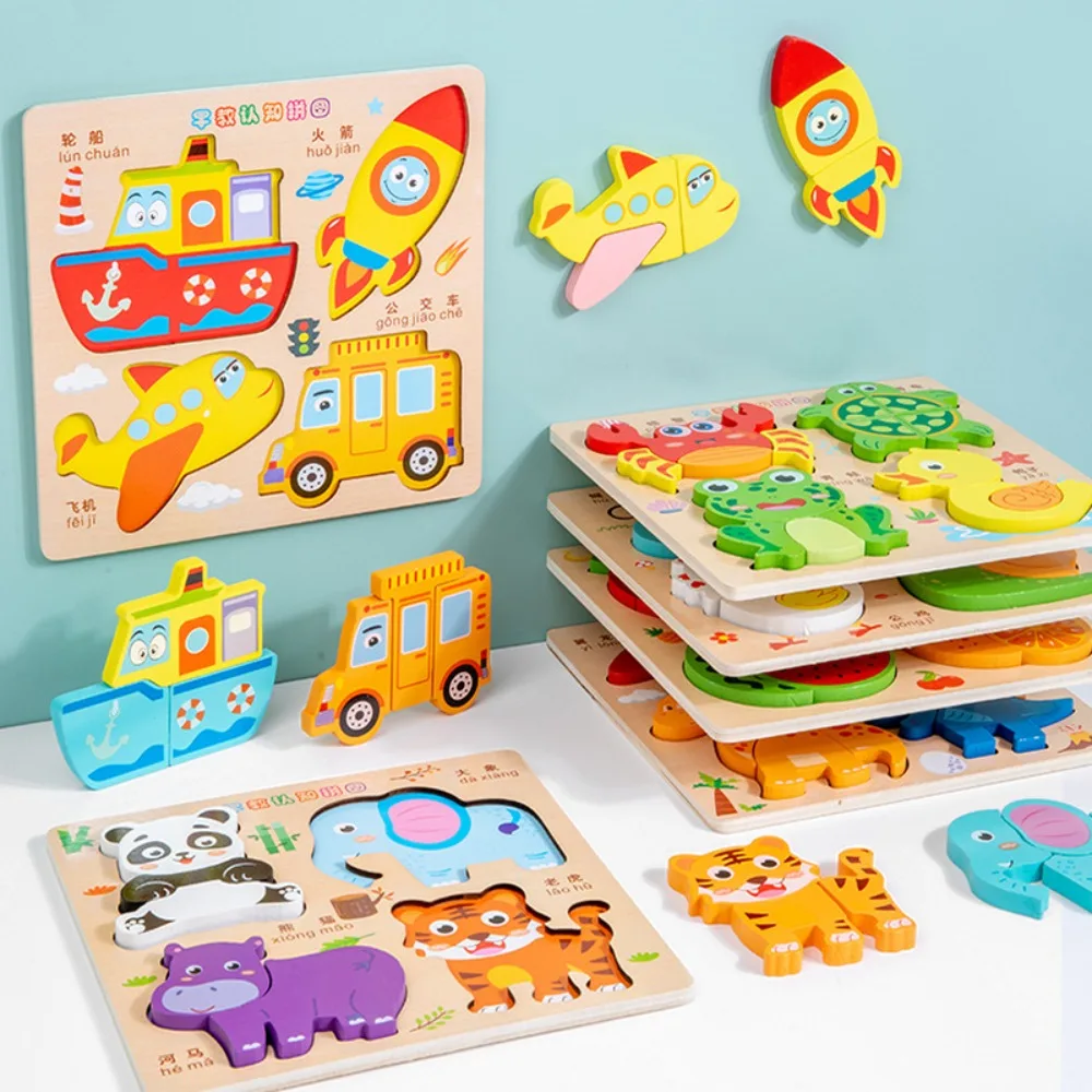

New 3D Wooden Puzzle Montessori Cartoon Animals Jigsaw Toys Fruits Early Educational Toys Gifts