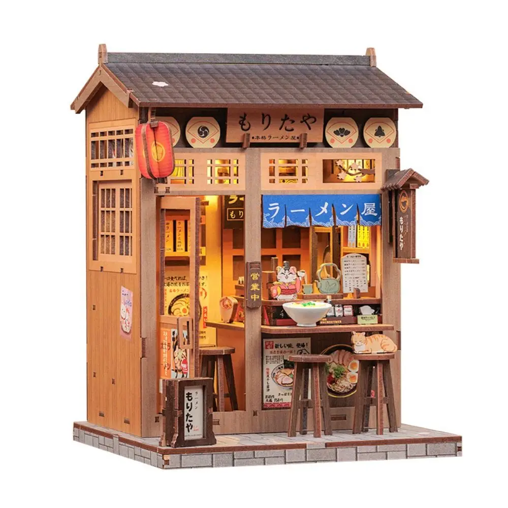 Crianças brinquedos de madeira diy casa de boneca brinquedo decoração cidade andando série 3d ramen restaurante kit casa modelo brinquedo presentes aniversário
