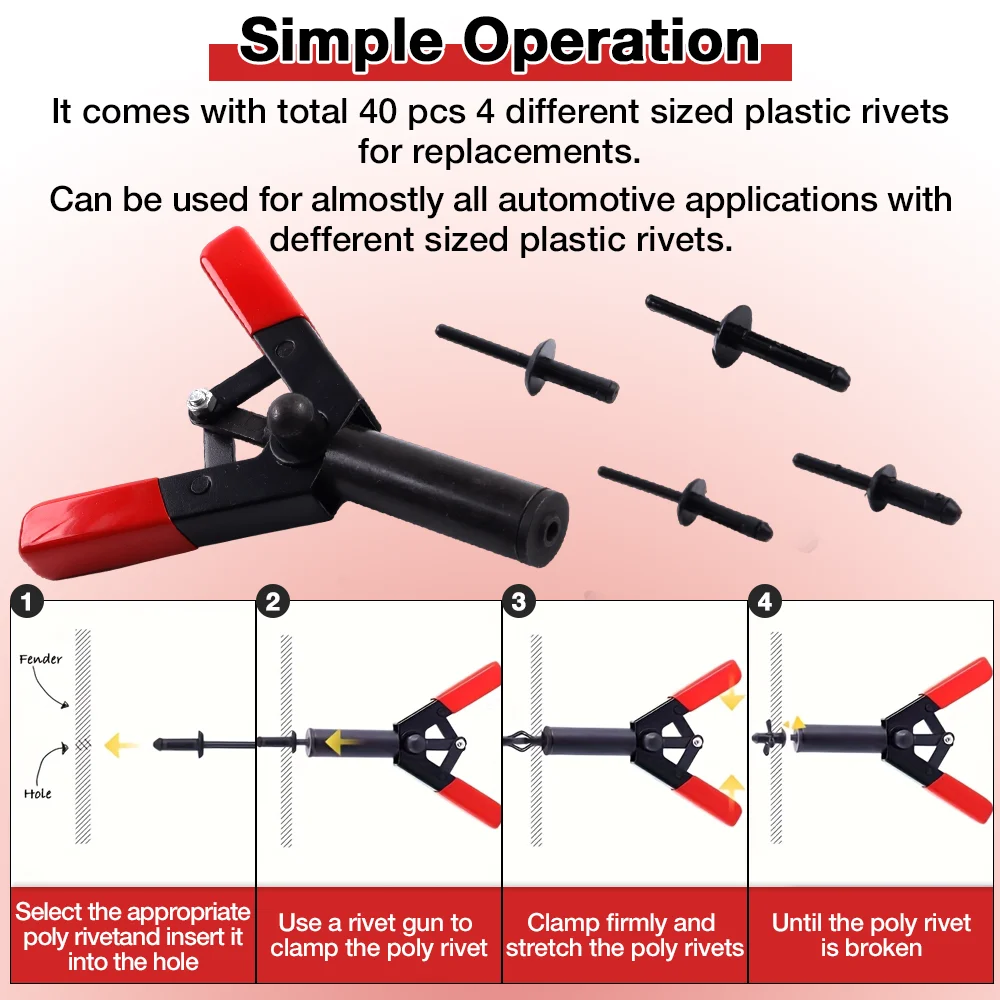 Plastic Rivet Gun Kit, Including 40 Nylon Blind Rivets And Clip Removal Tools, Suitable For Fastening Automotive Interior Parts