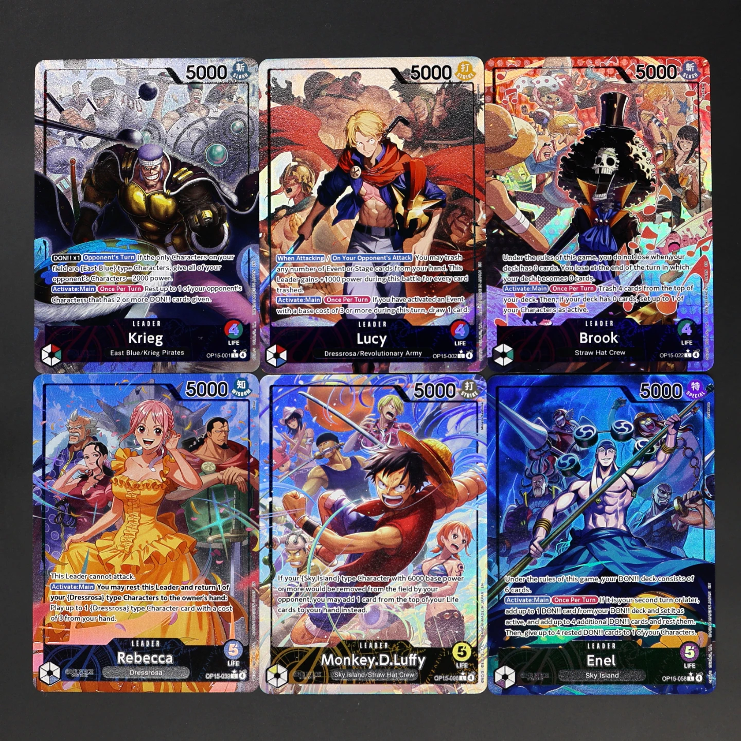 

One Piece TCG OPCG English Leader card OP15 Leader Card Set Luffy Lucy Enel Krieg Rebeca Brook KAMI's Island Textured Foil Card