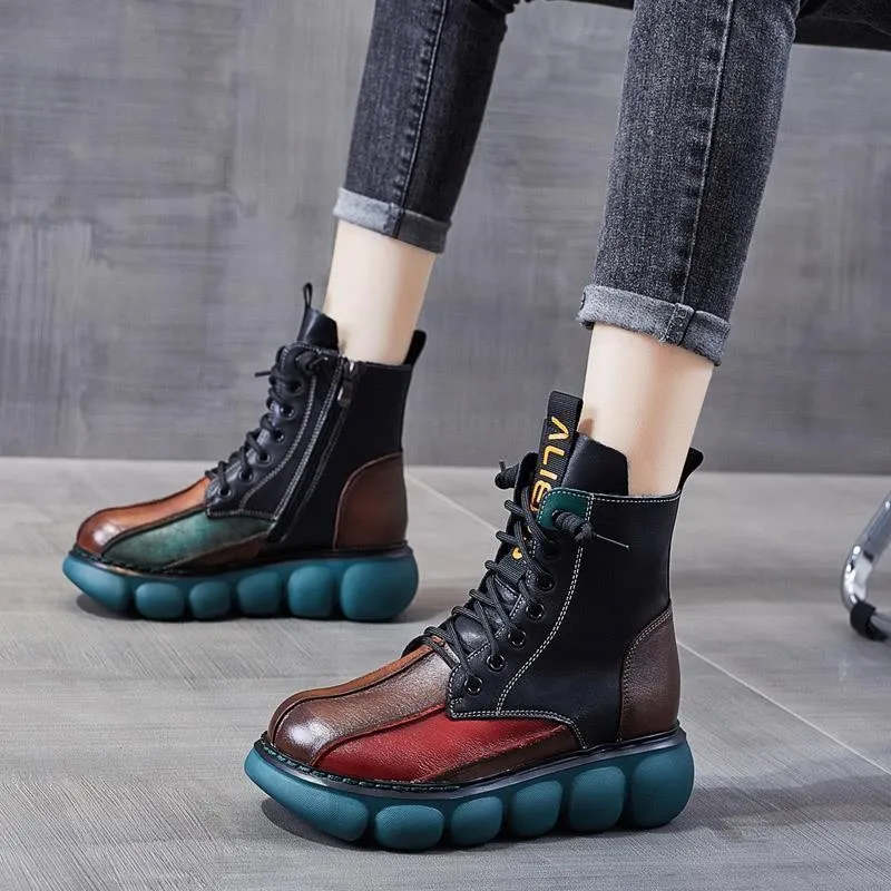 Autumn Mixed Color Shoes Women Boot 2024 Fashion Round Toe Lace Up Retro Handmade Casual Platform Ankle Boots Ladies Short Boots