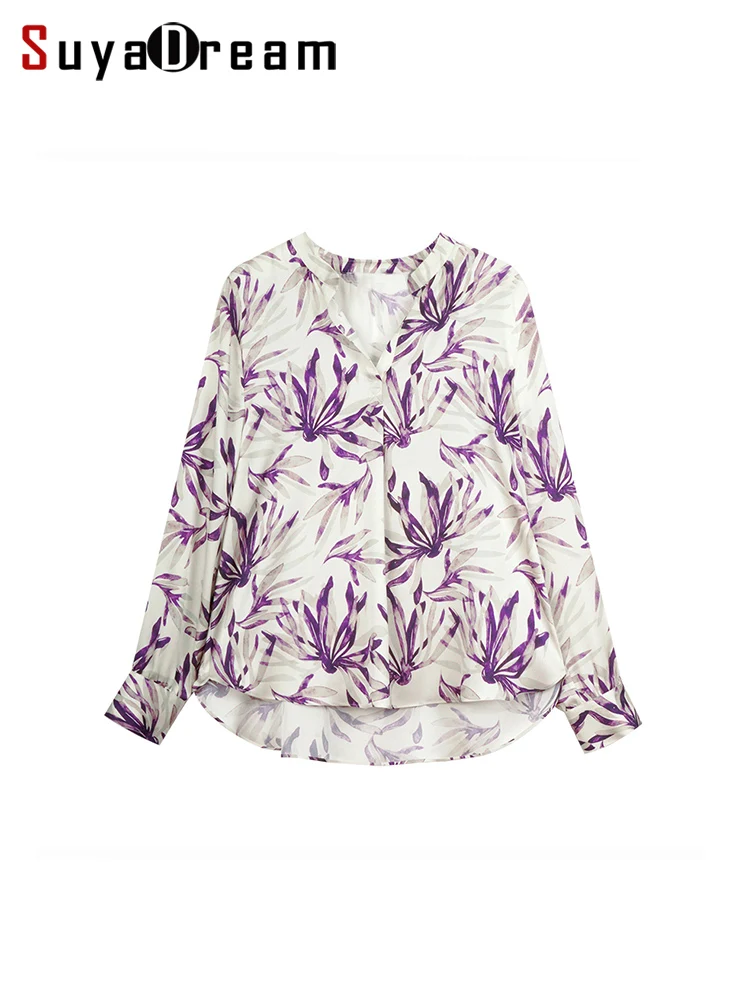 SuyaDream, Women Floral Blouses, 100%Real Silk, V Neck, Printed Purple Shirts, 2024 Spring Summer New Top