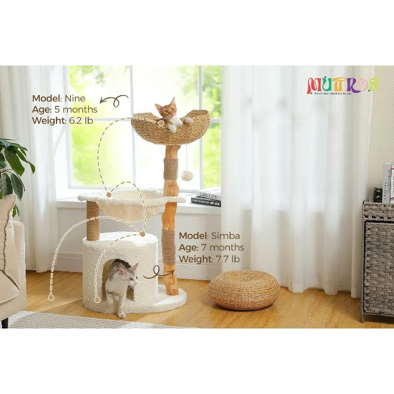 Modern Cat Tree for Large Cats, Wood Cat Tower for Indoor Cats,  Top Basket, White