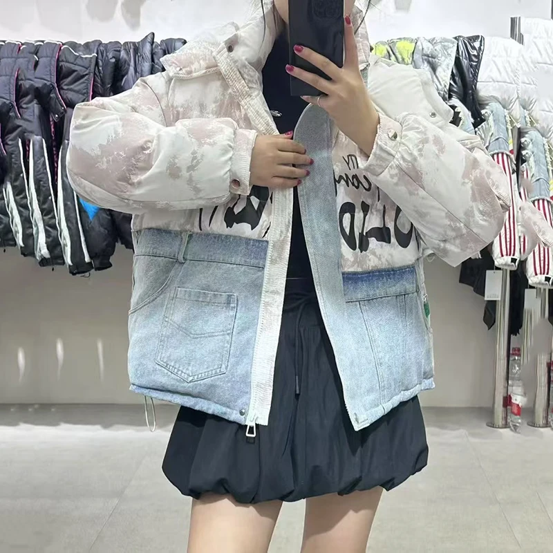 

Winter Letter Denim Spliced Hooded Down Jacket Women White Duck Down Short Big Pocket Jackets Female Thick Warm Parka Outwears