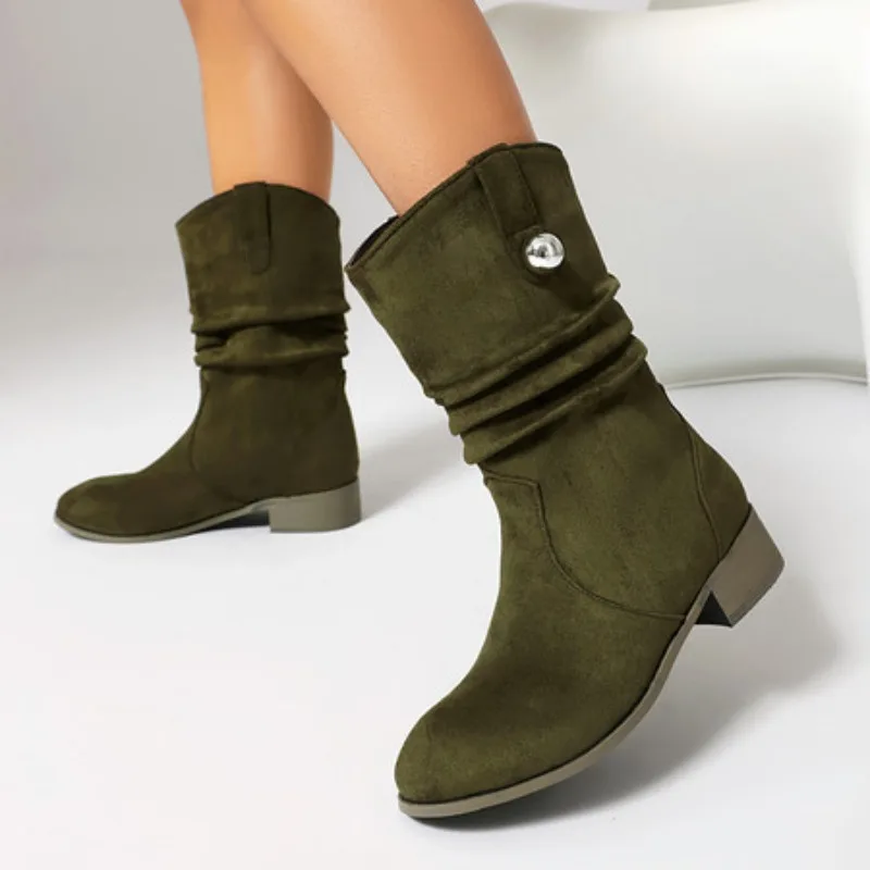 أحذية نسائية موضة رأس مستدير 2025 جديد الخريف والشتاء ريترو كعب منخفض منتصف الساق أحذية نسائية كاجوال