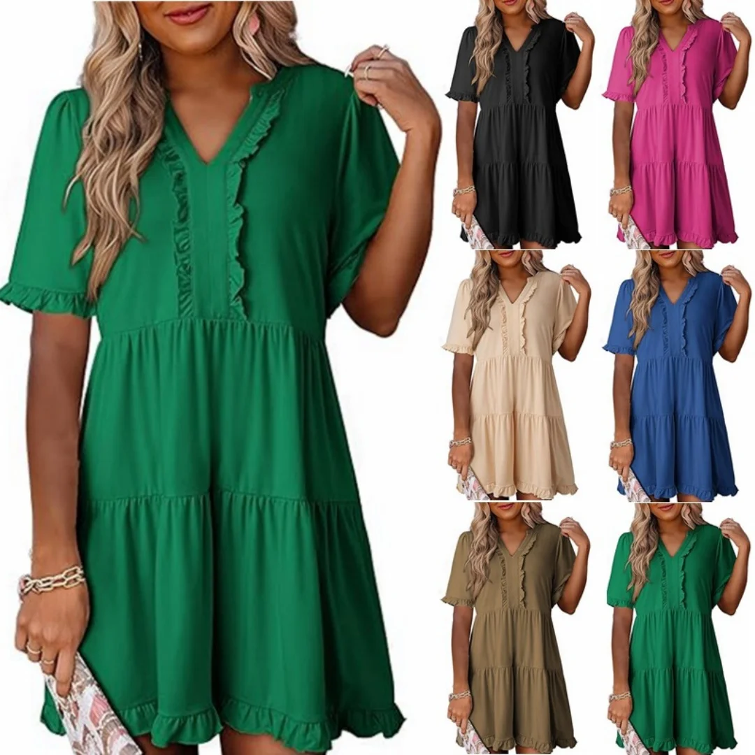 

Women's V Neck Ruffle Trim Half Sleeve Tiered Dress Loose Fit Flowy Casual Gown for Daily Elegant Leisure Wear