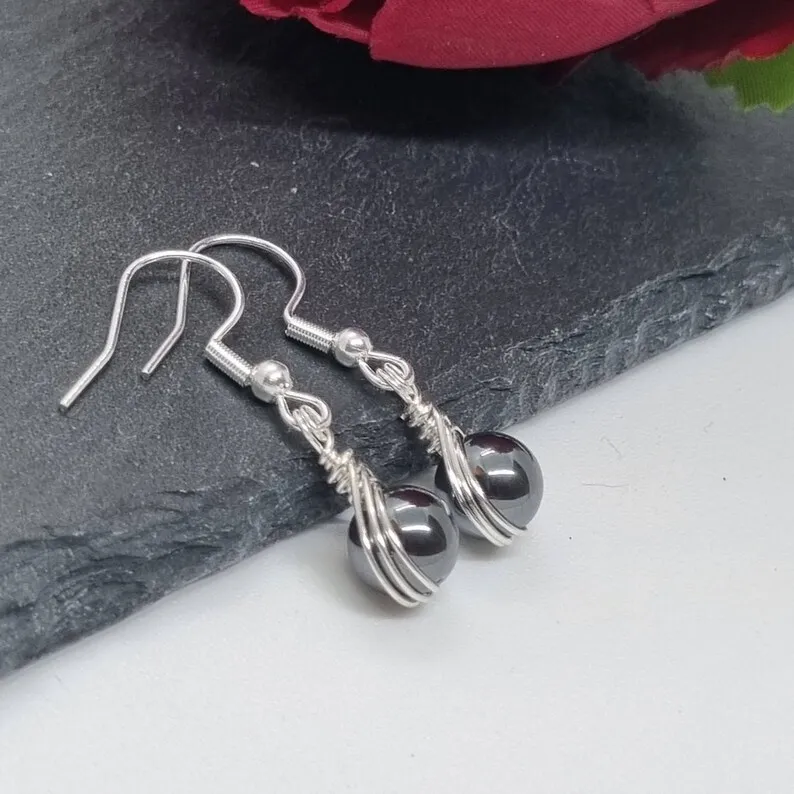 Hematite Earrings, Wire Wrapped Earrings