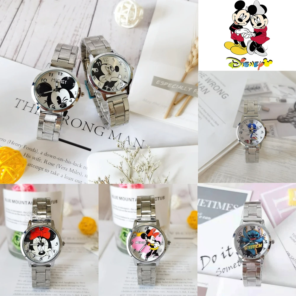 

Disney Minnie Mickey children's Watch Cartoon Anime Character Mickey Mouse Pointer Luminous Steel Band Quartz Watch kids gifts