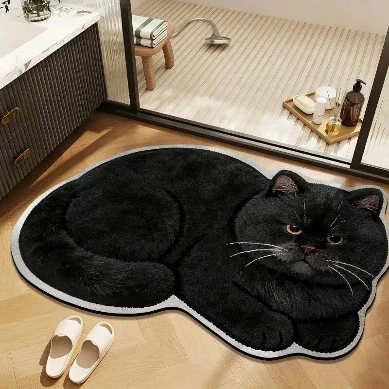 VIKAMA Grey Kitty Sitting Up Door Mat Soft Warm Machine Washable Living Room Non Slip Backing Home Organization Home Decor