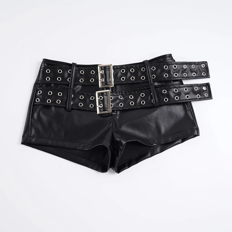 الظلام بولي Leather السراويل الجلدية القوطية حزام مزدوج العيينة ديكور منتصف الخصر السراويل النساء 2025 قاطرة نمط Y2K الشارع الشهير قيعان #5