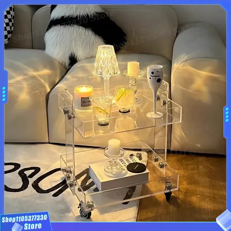 Transparent Acrylic Rolling Cart Multi Layer Storage Rack Movable Bedside Table Corner Shelf Tea Trolley for Living Room Home