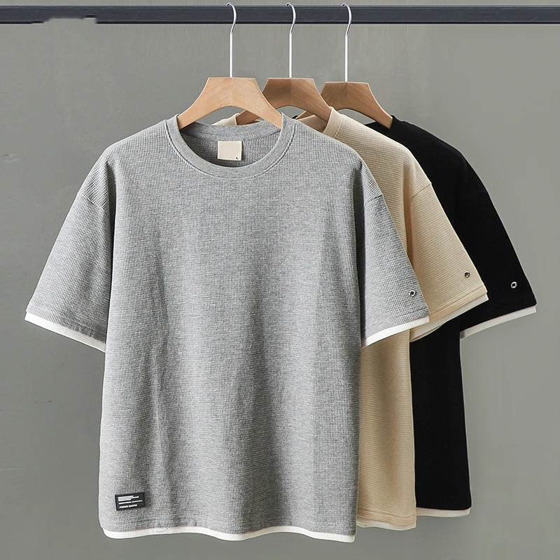 2215 Men Summer Fashion Sense Of Luxury Waffle Fake Two Pieces Short Sleeve T-shirt Male Casual Breathable Quick Dry Tshirts Tee