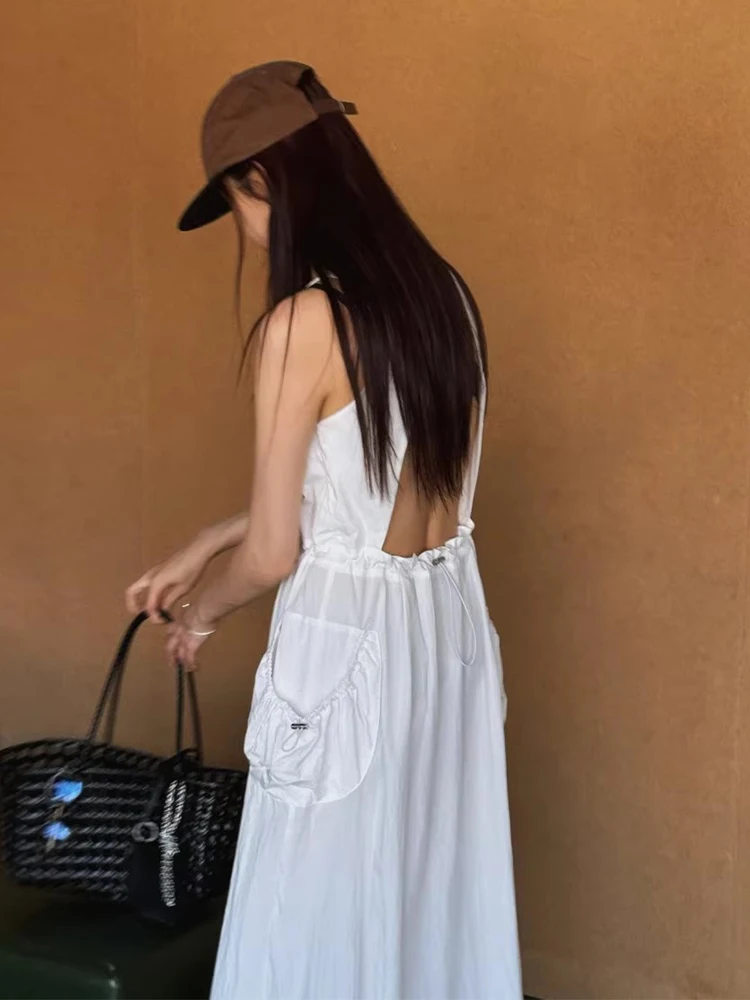 Chique verão sem mangas sem costas em torno do pescoço colete vestido f cintura alta emaecimento design estilo corea...