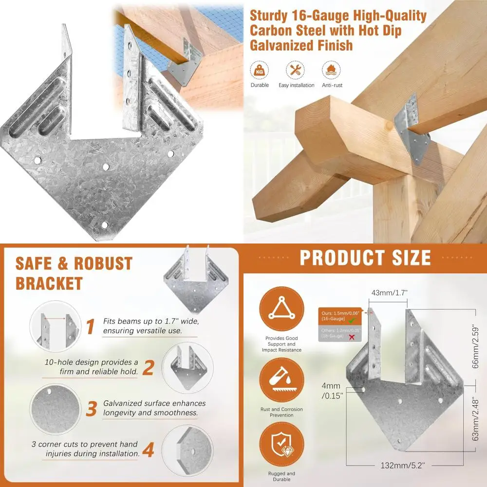 

Heavy-Duty 16-Gauge Rafter Hurricane Straps - Galvanized Joist H Brackets for Robust Support and Protection