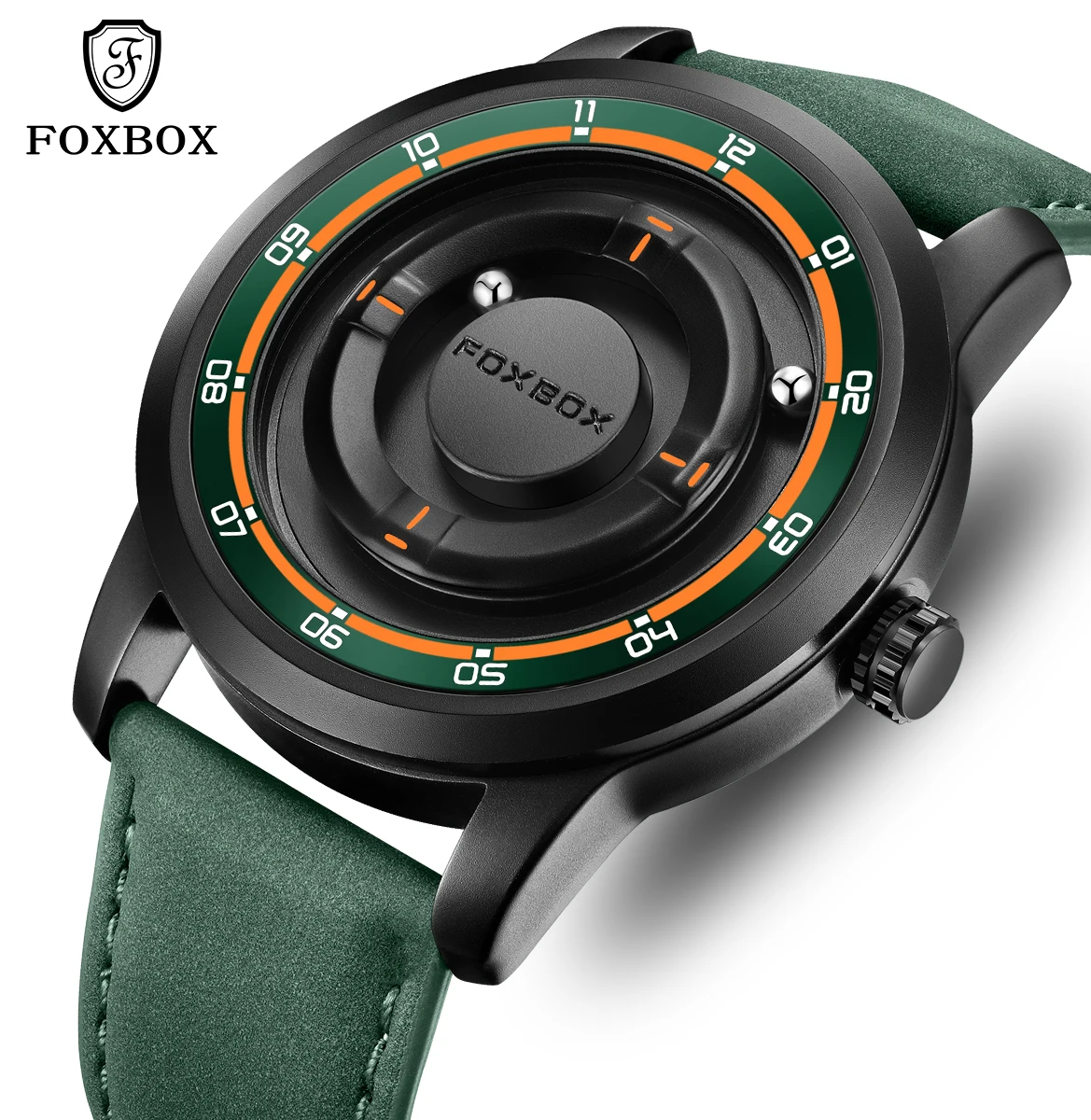 FOXBOX 2026 Men's watches Magnetic Driven Fashion Waterproof Quartz clock Rolling Steel Ball Pointer Sports Watches Military+BOX