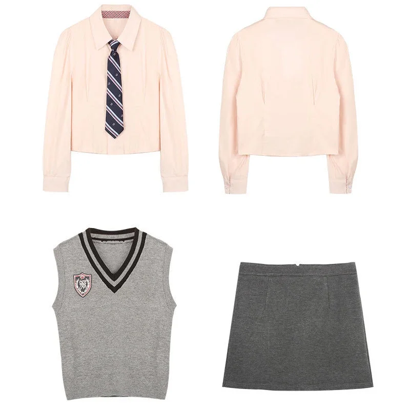 Conjunto de uniforme jk estilo academia coreana, outono/inverno, 4 peças, regata de malha cinza, camisa slim fit, envolto, quadril, mini saia, meninas, 2024