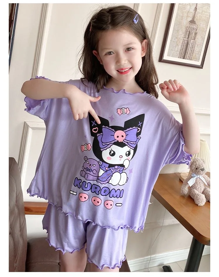 Kuromi Cinnamoroll Children\'s Pajamas Girls Summer Thin Short Sleeved Shirts Pants Suit My Melody Sanrio Kids Home Clothing Set