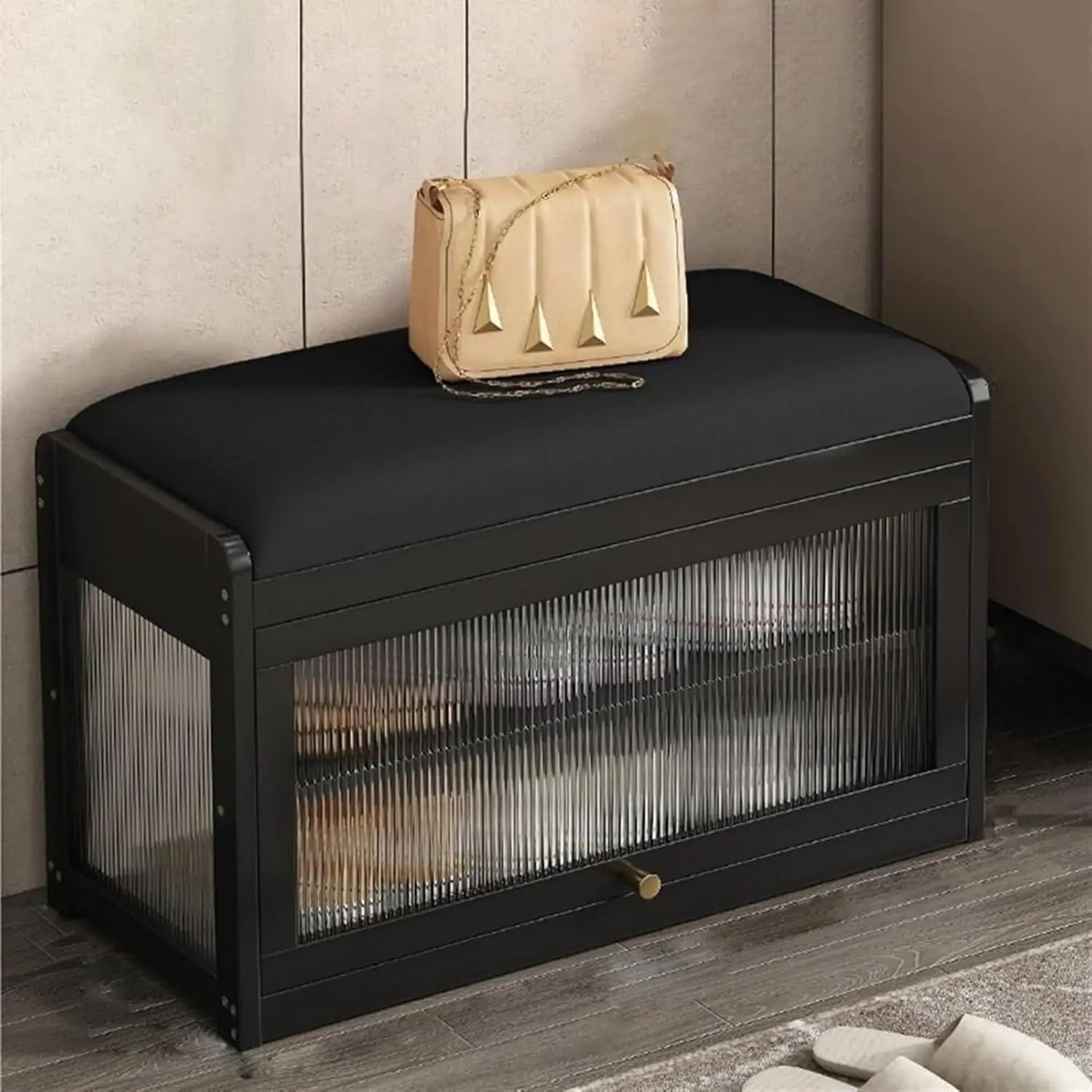 

2-Tier Storage Bench – Entryway Shoe Organizer with Padded Seat, Hidden Storage Ottoman for Hallway & Bedroom, Farmhouse Style