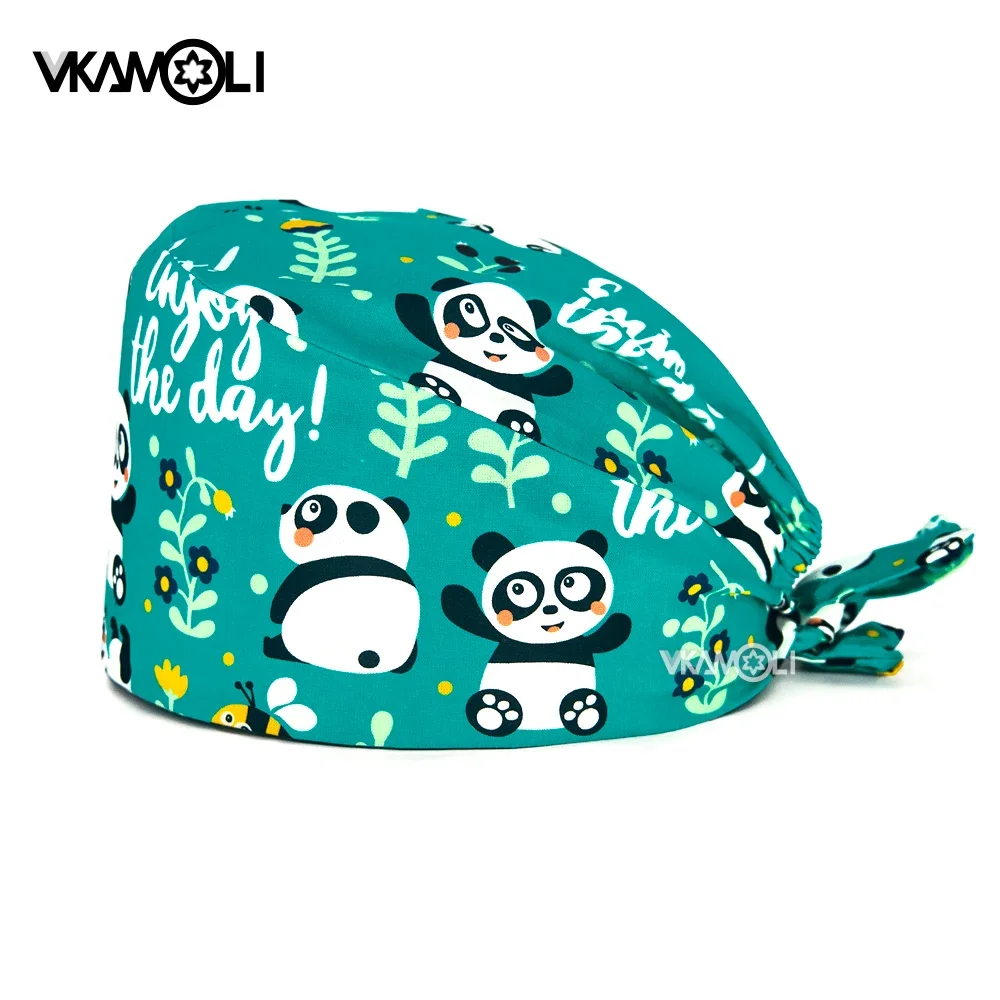 High quality 100% Cotton panda printed scrubs hat pet shop beauty care cap Health laboratory work medical scrubs cap