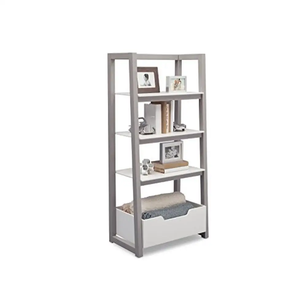 Compact 3-Tier Prateleira Organizador, escada de madeira, branco e cinza, Quarto Estudo Rack