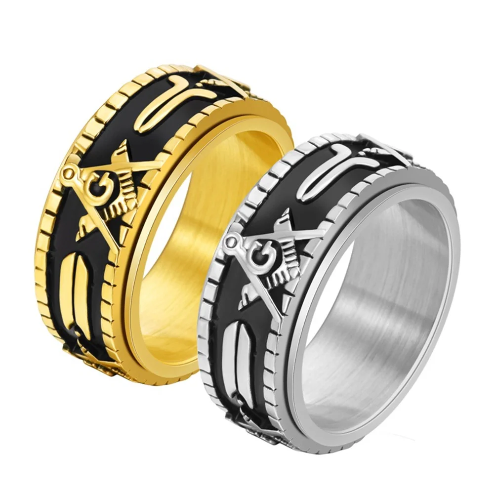 New Rotatable Men's Stainless Steel Freemason Masonic Ring Vintage Punk Gold Plated Freemason Symbol Masonic Biker Rings Band