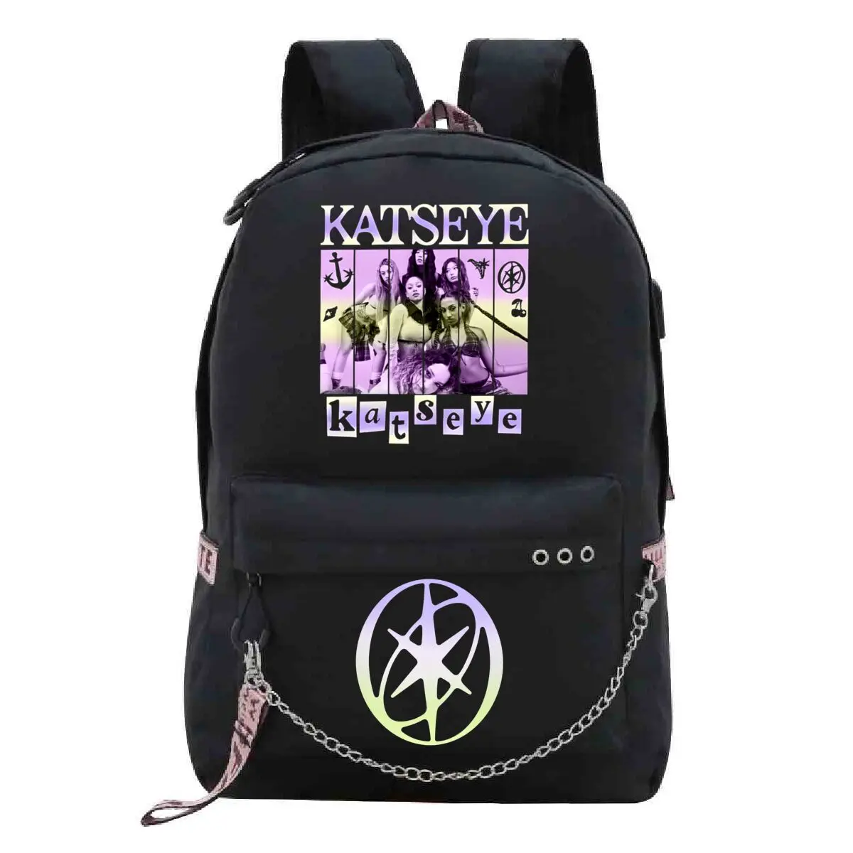 Katseye Pop Girl Group USB Port Backpack Women Aesthetics Chain Zipper School Bookbag Fashion Korean Ulzzang Teen Singer Bagpack