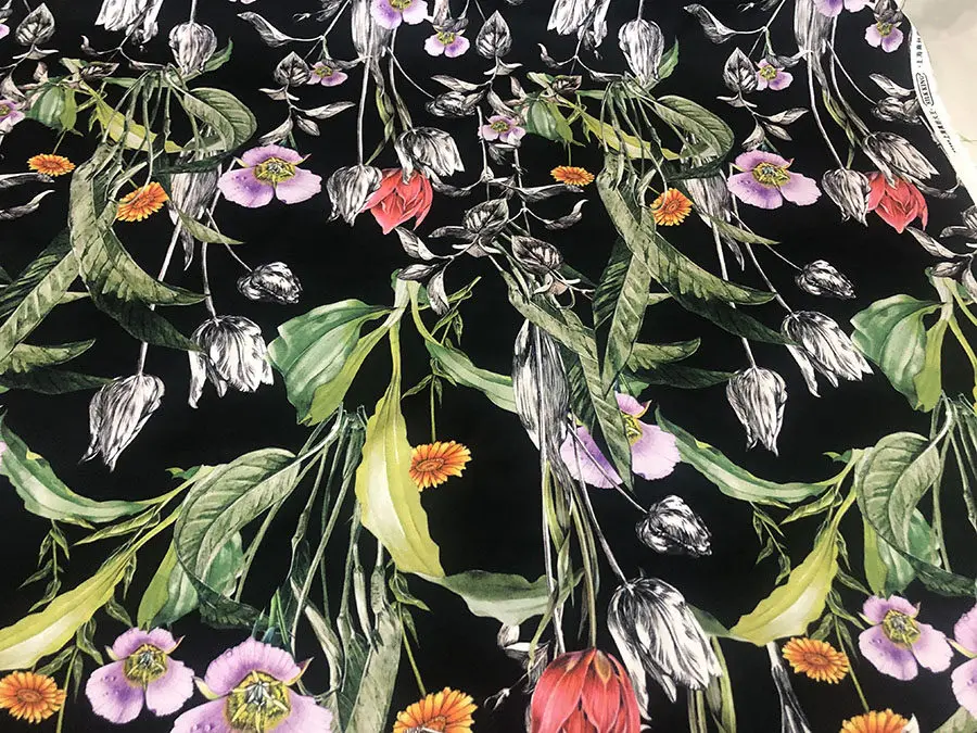 Designer Cloth 23 Momme Real Silk Spandex Silk Satin Fabric Black Bottom Idyllic Flower Digital Inkjet Silk Fabric Dress