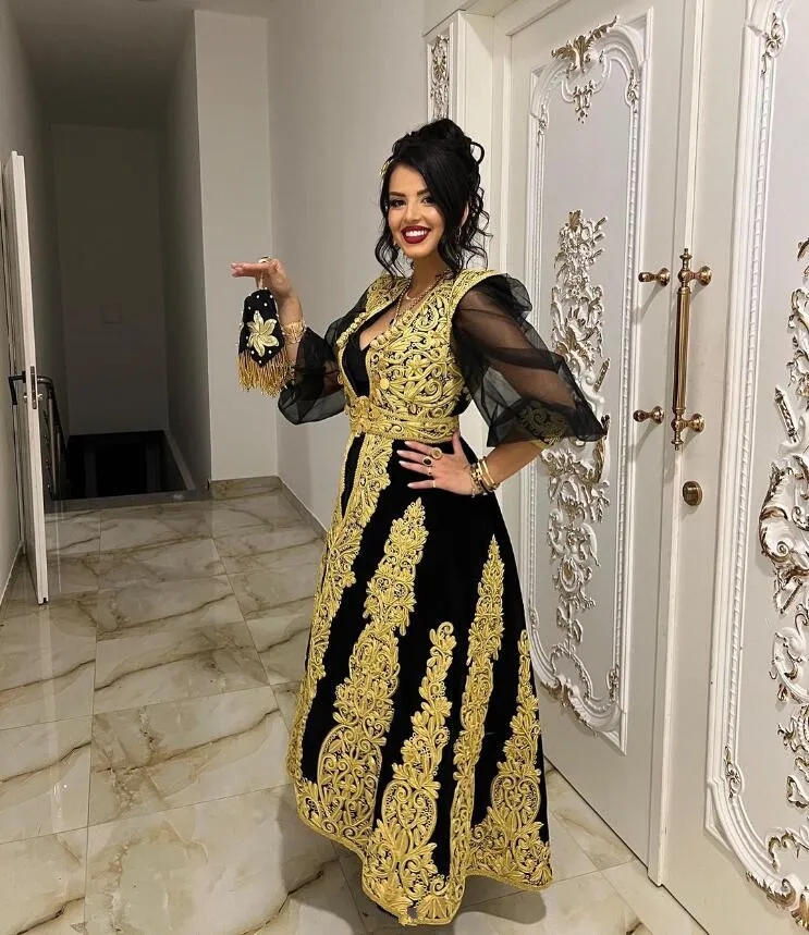 Black Two Pieces Algerian Karakou Prom Dress for Women Gold Lace Applique Long Sleeve Evening Gown Traditional Customized