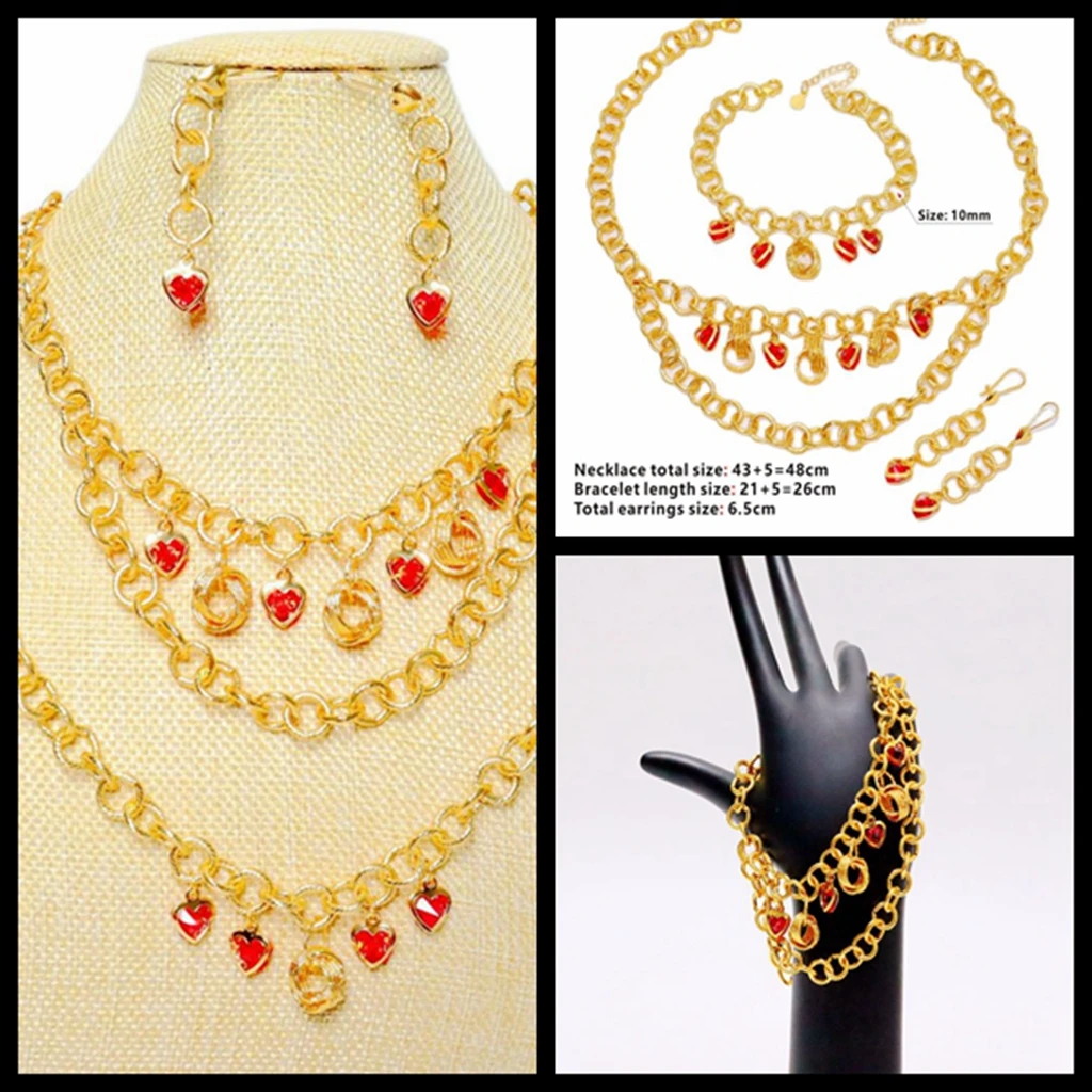 

Middle East Indian women's dinner party set heart-shaped red diamond hollow necklace selling jewelry three-piece set