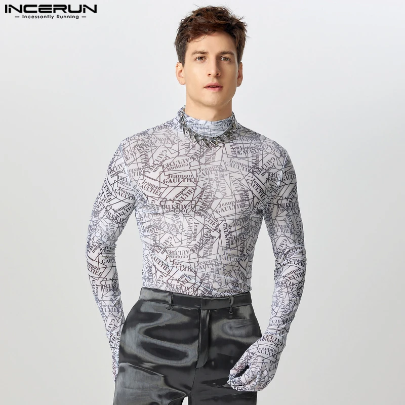 INCERUN Stylish Men's Tops Sexy Letter Print T-shirts Casual Personality Male Half High Neck Thimble Long Sleeved Camiseta S-5XL