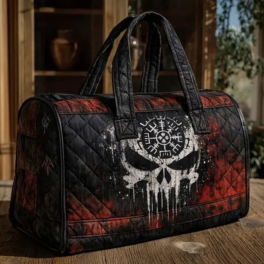 

Viking Skull Quilted Duffle Bag Vintage Patchwork Travel Tote Sports Gym Bags Women Men Weekender HandBag