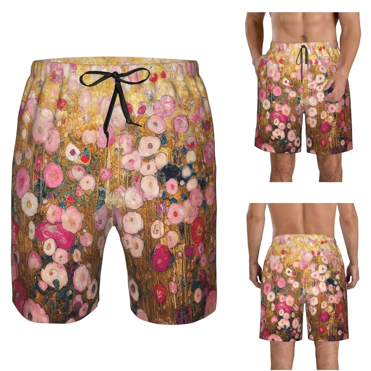 Gustav Klimt Pink Flower Garden Trunks Beach Board Shorts Casual Quick Dry Swim Summer Men Pants
