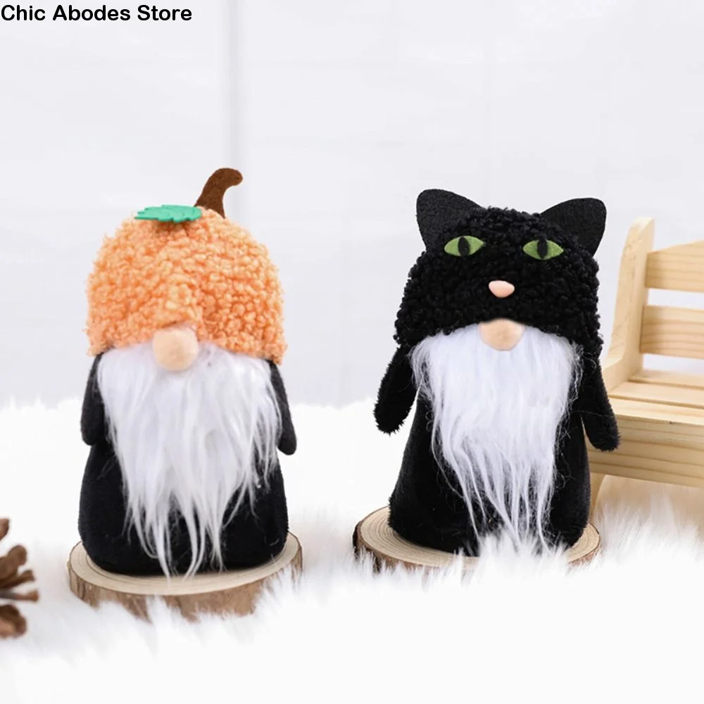 Cute Fall Gnome Figurines Pumpkin Black Cat Swedish Elf Dwarf Creative Plush Ornaments Exquisite Fashion Faceless Old Man Doll
