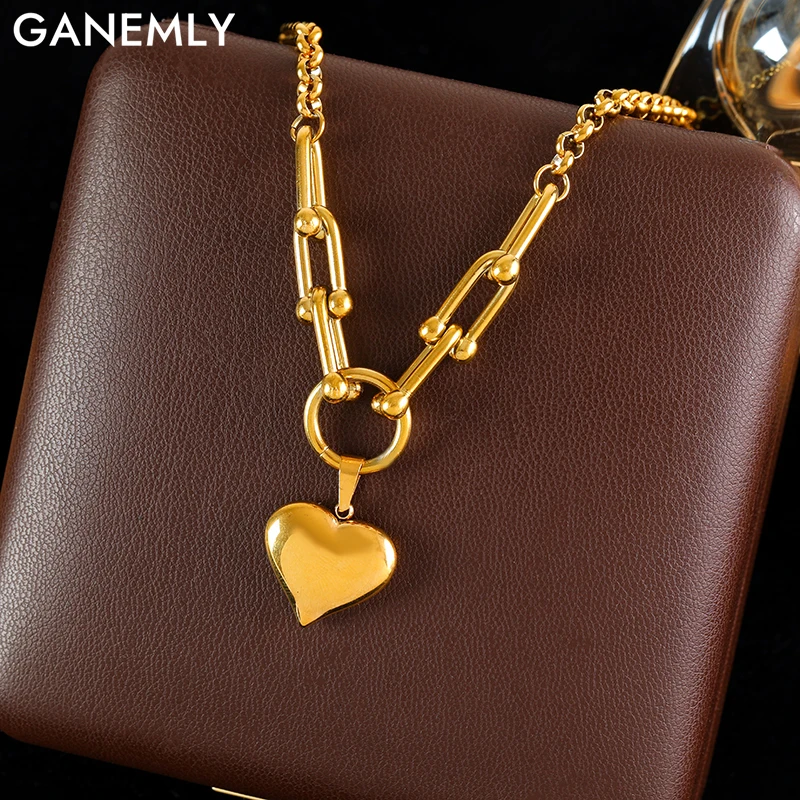Ожерелье GANEMLY из нержавеющей стали 316L золотого цвета с подвеской в форме сердца для женщин модная подковообразная цепочка женский подарок Ожерелье GANEMLY из нержавеющей стали 316L золотого цвета с подвеской в форме сердца для женщин модная подковообразная цепочка женский подарок