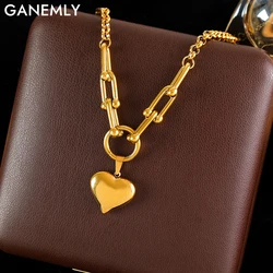 GANEMLY 316L Stainless Steel Gold Color Heart Love Pendant Necklace For Women Fashion Horseshoe Chain Waterproof Jewelry Gift