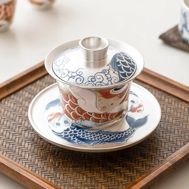 

Silver Plating Porcelain Gaiwan Set For Tea Fish Tureen Teaware Cup Chinese Red Bowls Chawan Tea Ceremony Set Lily Deng's Store