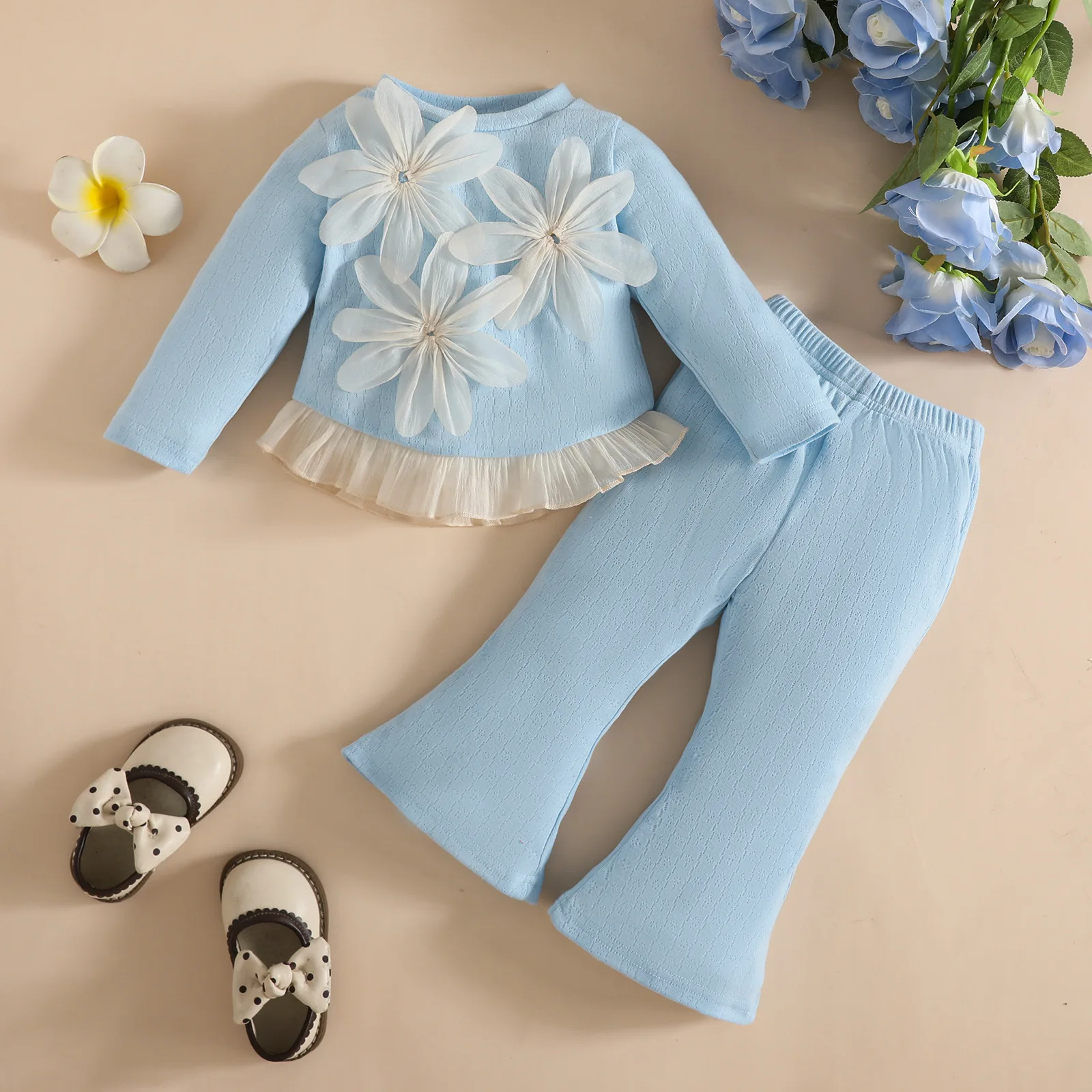 2 قطعة ربيع الخريف الفتيات الزي مجموعات الكورية أزياء لطيف الزهور طويلة الأكمام الأزرق الطفل قمم + السراويل بوتيك الاطفال الملابس B064 #3