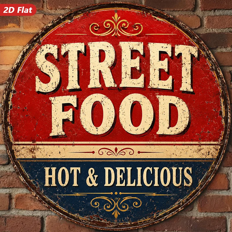 2D Flat, Vintage Street Food Round Metal Sign Wall Art, Hot and Delicious Text, Ideal for Corner Kitchen, Round Distressed Sign