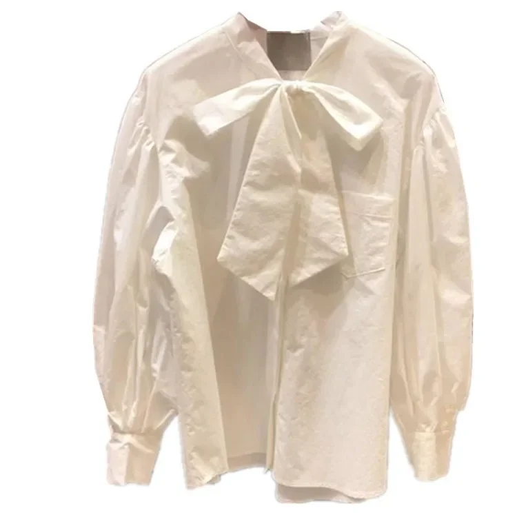 Solid Spliced Bow Women Shirt Single Breasted V Neck Cardigan Long Sleeve Blouses Casual Basics Shirt Loose Fit 2024 summer
