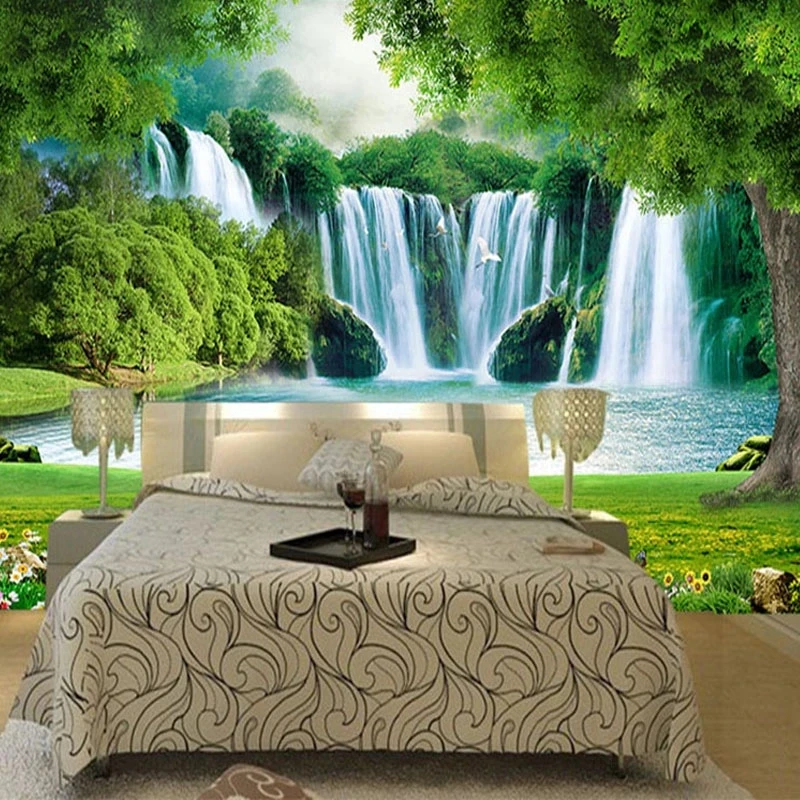 Custom 3D Wallpaper Waterfall Meadow Green Landscape Mural Living room sofa TV background wall bedroom restaurant forest Hotel