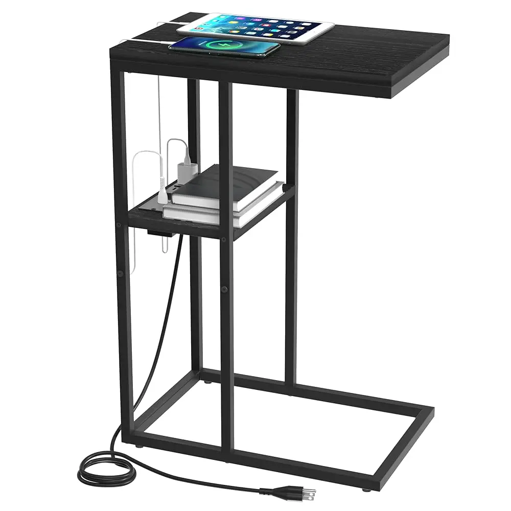 

C Shaped End Table With Charging Station For Living Room, Bedroom, Sofa Table With Usb Ports And Outlets For Small Spaces,