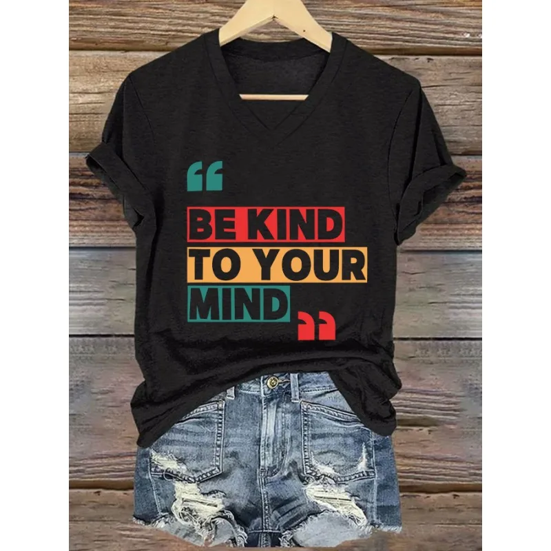 ilstile Women's Mental Health Print T-Shirts Short Sleeve V Neck Female clothing Summer Green Black Tops Casual Tees New Arrival