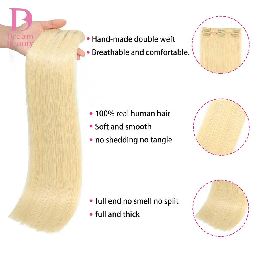 613 Blonde Kleur Human Hair Extensions Clip In Volledig Hoofd Rechte Clip In Braziliaanse Haarweefselbundels 8 Stuks