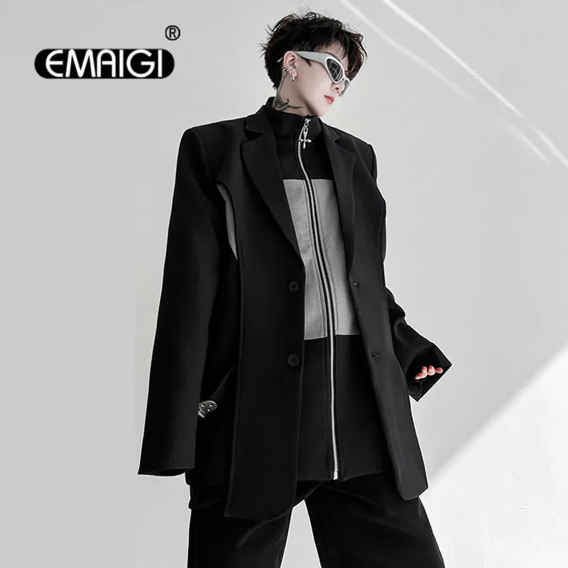 Men's Splice Fashion Zipper Loose Casual Streetwear Dark Black Blazers Suit Jacket Male Stage Dance Clothing Cityboy Suit Coat