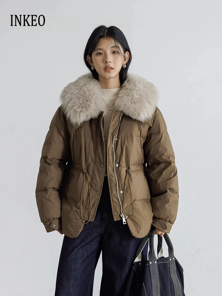 Chaqueta de plumón con cuello de piel auténtica de lujo para mujer, moda de invierno 2026, abrigo acolchado corto con cintura ajustable, prendas de vestir holgadas INKEO DJ631