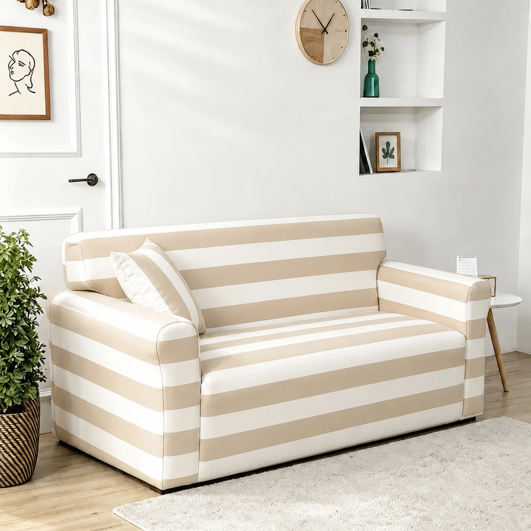 

1pc striped printed milk silk all-season elastic full cover sofa cover + 1pc same style non-filled throw pillow cushion cover
