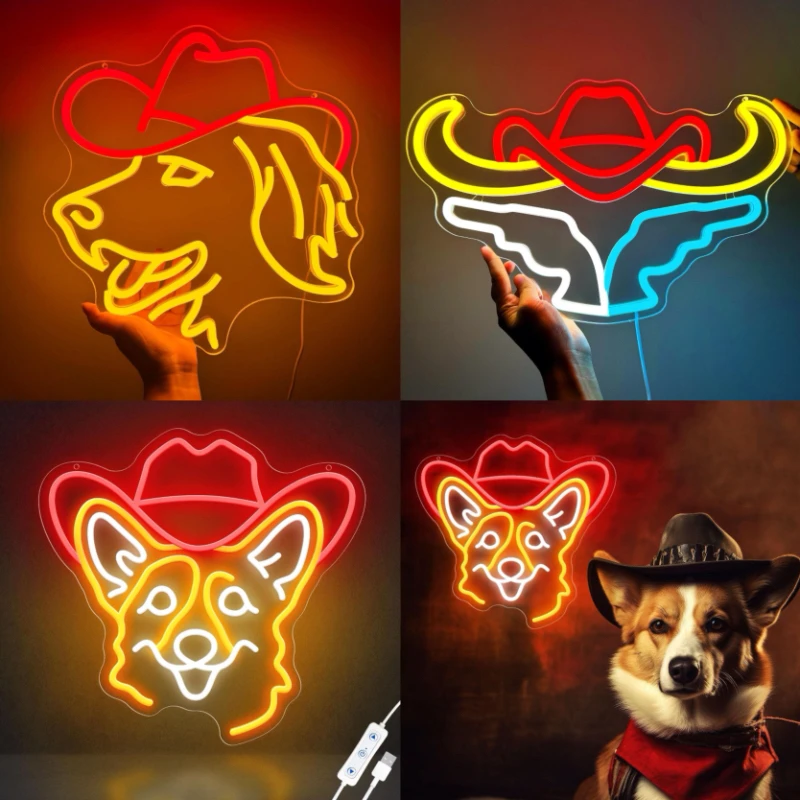 

XM Cute Dog with Cowboy Hat Neon for Wall Decoration Pet Store Home Party Decoration, Dimmable LED Sign Birthday Christmas Gift