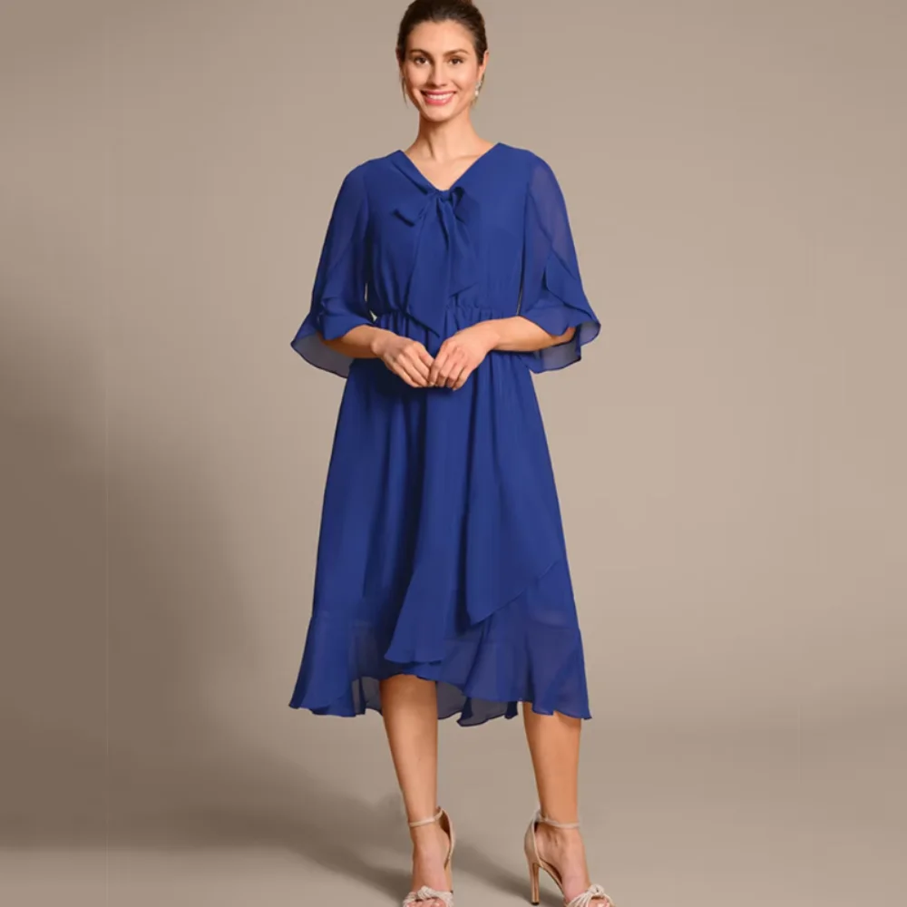 

Платья для матери невесты, простое шифоновое платье длиной до середины икры по индивидуальному заказу, королевское синее свадебное платье, платье invitada boda